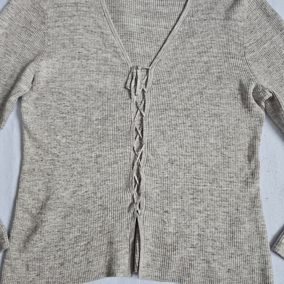 Open Edit Brown Ivory Spacedye Lace Up Top Size XL - Picture 4 of 7